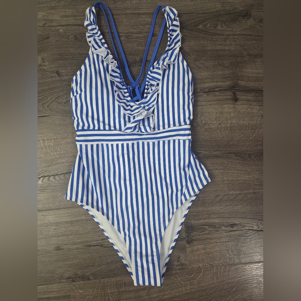Cupshe Womens Blue & White Striped One Piece Swimsuit Size L - NEW